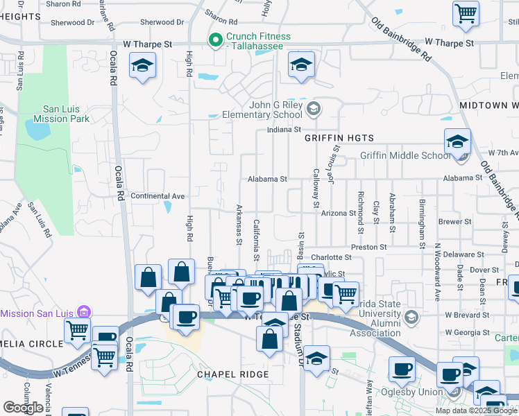 map of restaurants, bars, coffee shops, grocery stores, and more near 1518 Arizona Street in Tallahassee