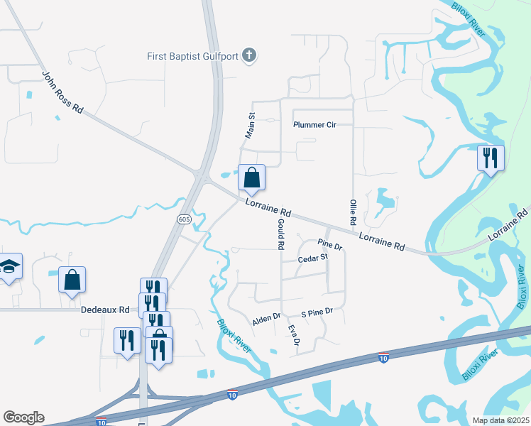 map of restaurants, bars, coffee shops, grocery stores, and more near 11594 Lorraine Road in Gulfport