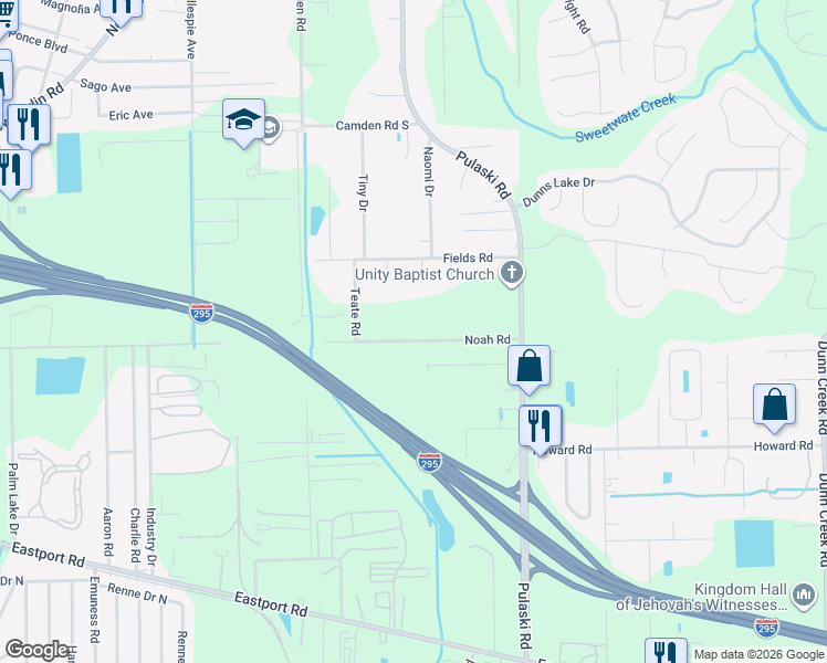 map of restaurants, bars, coffee shops, grocery stores, and more near 943 Noah Road in Jacksonville