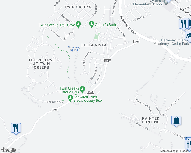 map of restaurants, bars, coffee shops, grocery stores, and more near 3122 Fiorellino Place in Cedar Park