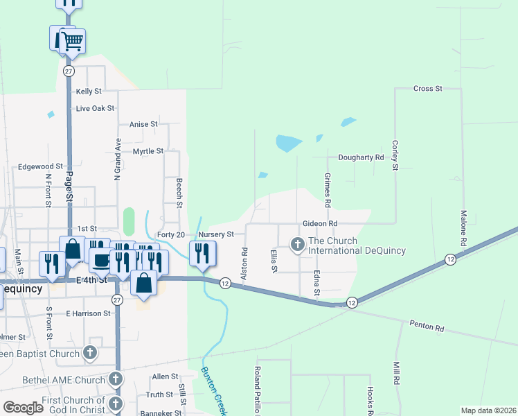 map of restaurants, bars, coffee shops, grocery stores, and more near 320 Red Baggett Rd in DeQuincy