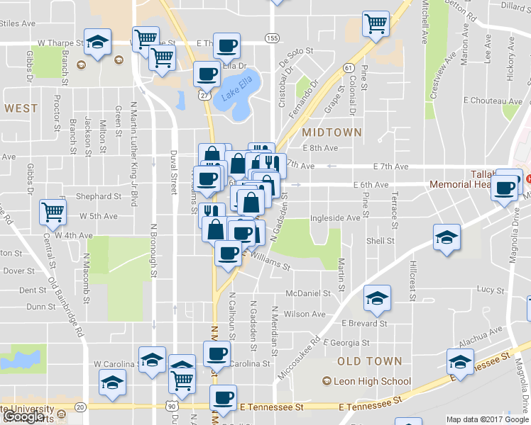 map of restaurants, bars, coffee shops, grocery stores, and more near 1117 Thomasville Road in Tallahassee