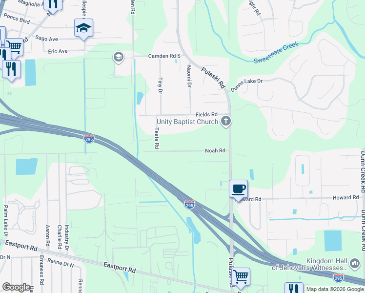 map of restaurants, bars, coffee shops, grocery stores, and more near 943 Noah Road in Jacksonville