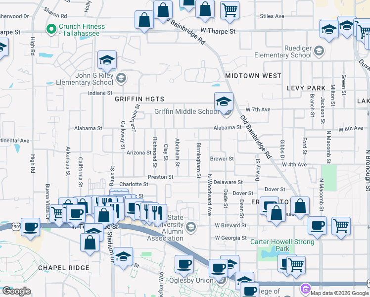 map of restaurants, bars, coffee shops, grocery stores, and more near 1116 Ellington Court in Tallahassee