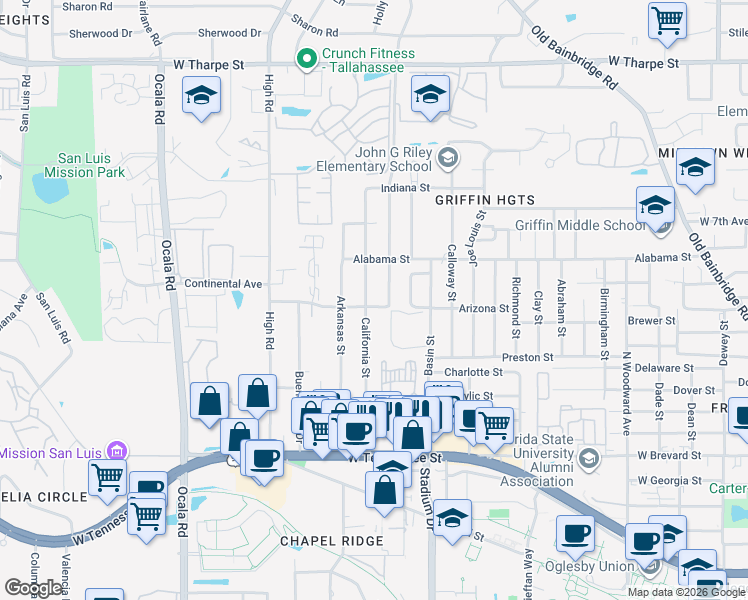 map of restaurants, bars, coffee shops, grocery stores, and more near 1518 Arizona Street in Tallahassee