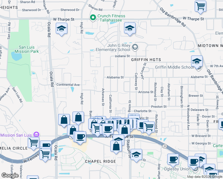map of restaurants, bars, coffee shops, grocery stores, and more near 1518 Arizona Street in Tallahassee