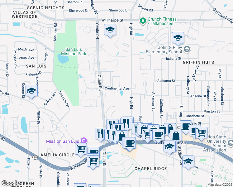 map of restaurants, bars, coffee shops, grocery stores, and more near 2027 Continental Avenue in Tallahassee