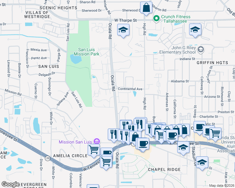 map of restaurants, bars, coffee shops, grocery stores, and more near 2067 Continental Avenue in Tallahassee