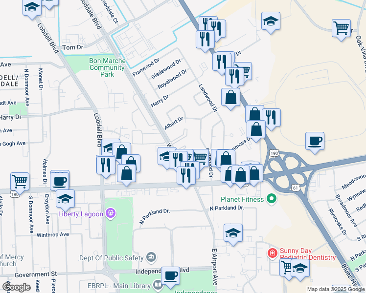 map of restaurants, bars, coffee shops, grocery stores, and more near 520 Wooddale Boulevard in Baton Rouge