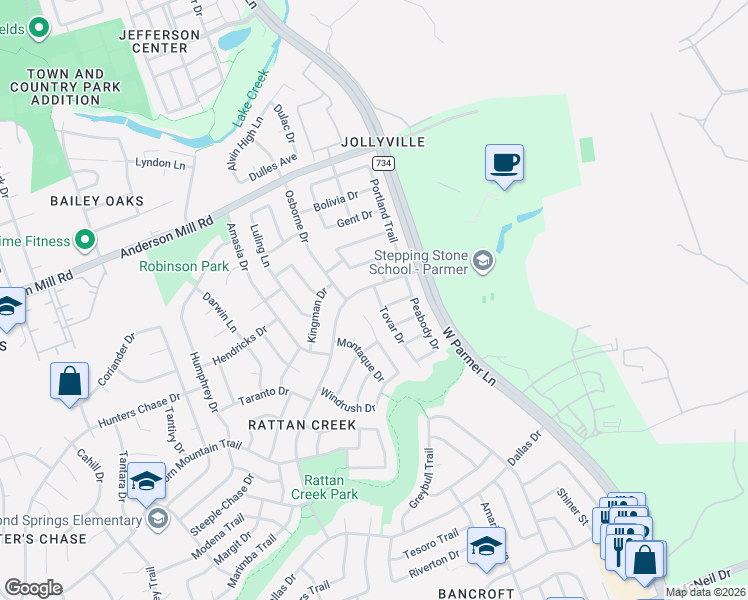 map of restaurants, bars, coffee shops, grocery stores, and more near 13343 Black Canyon Drive in Austin