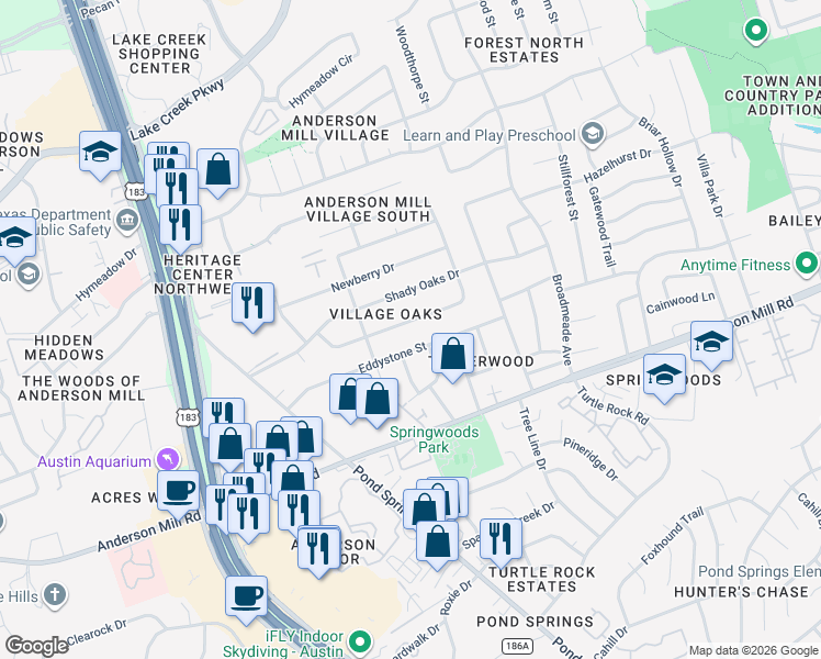 map of restaurants, bars, coffee shops, grocery stores, and more near 9411 Longvale Drive in Austin