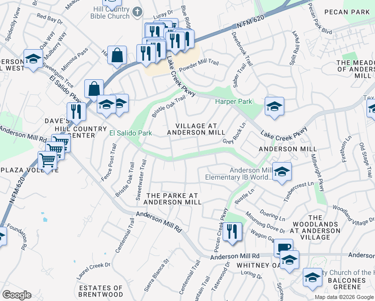 map of restaurants, bars, coffee shops, grocery stores, and more near 11803 Acorn Creek Trail in Austin