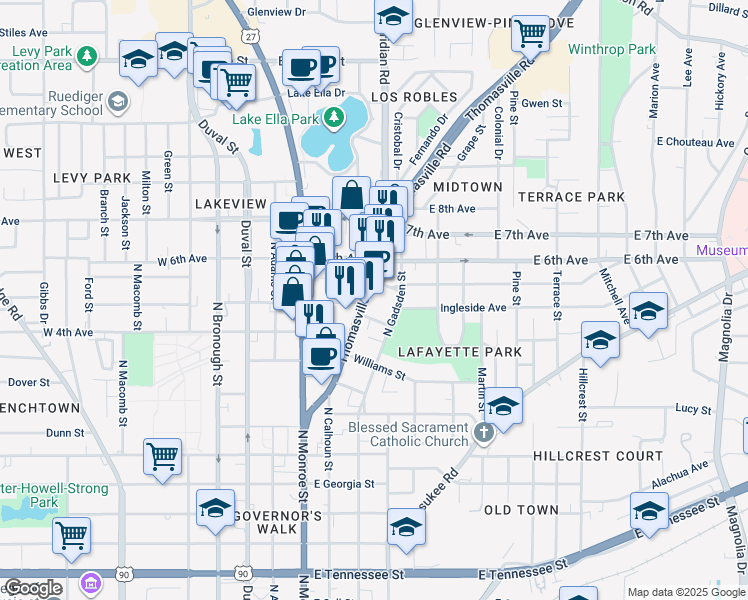 map of restaurants, bars, coffee shops, grocery stores, and more near 1117 Thomasville Road in Tallahassee