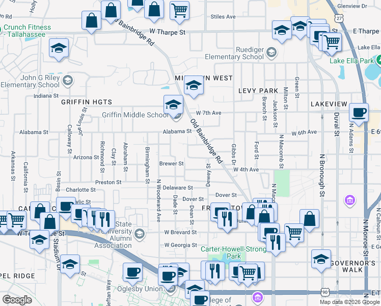 map of restaurants, bars, coffee shops, grocery stores, and more near 1121 Bennett Street in Tallahassee