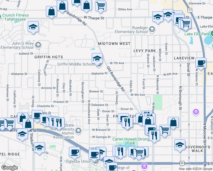 map of restaurants, bars, coffee shops, grocery stores, and more near 1116 Bennett Street in Tallahassee