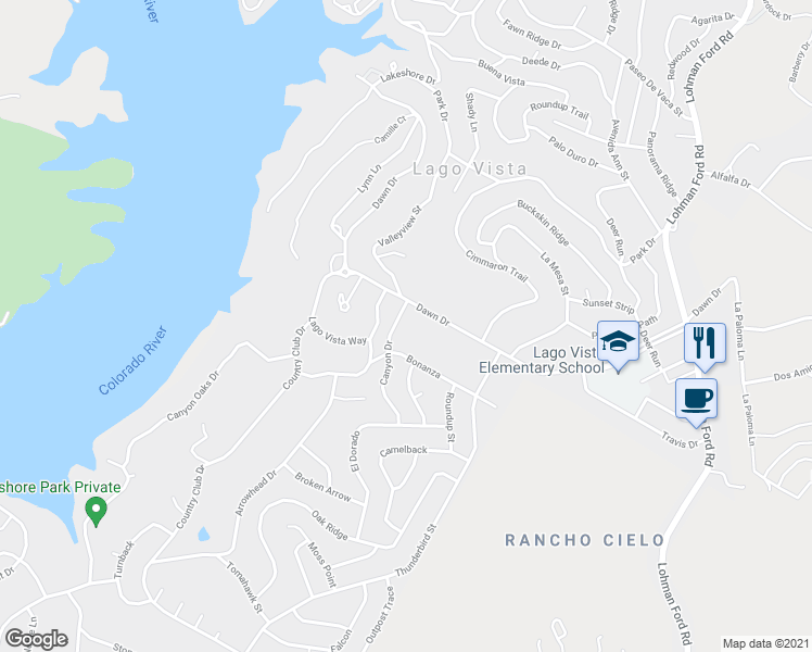 map of restaurants, bars, coffee shops, grocery stores, and more near 68 C Dawn Drive in Lago Vista