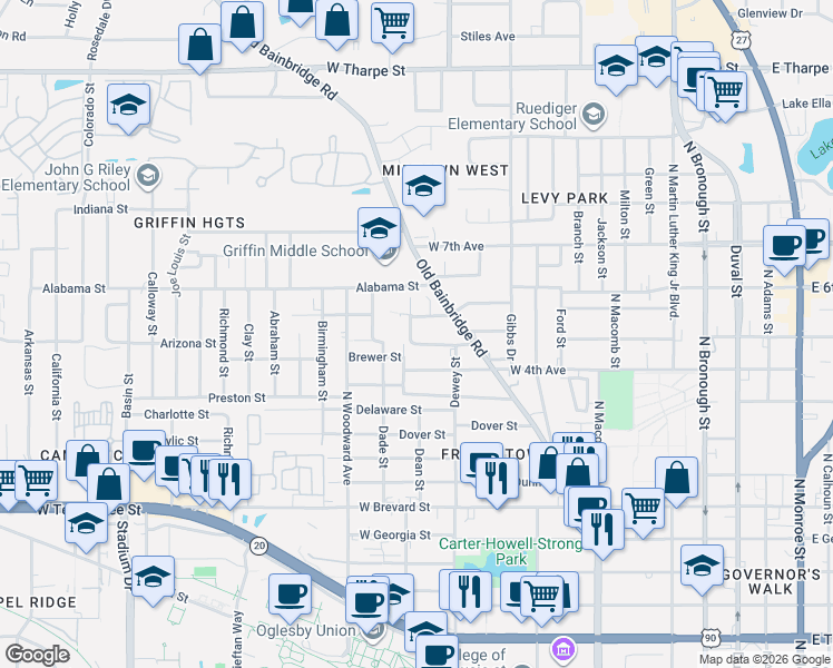 map of restaurants, bars, coffee shops, grocery stores, and more near 1121 Bennett Street in Tallahassee