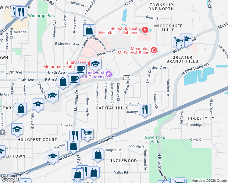 map of restaurants, bars, coffee shops, grocery stores, and more near 1131 Carraway Street in Tallahassee