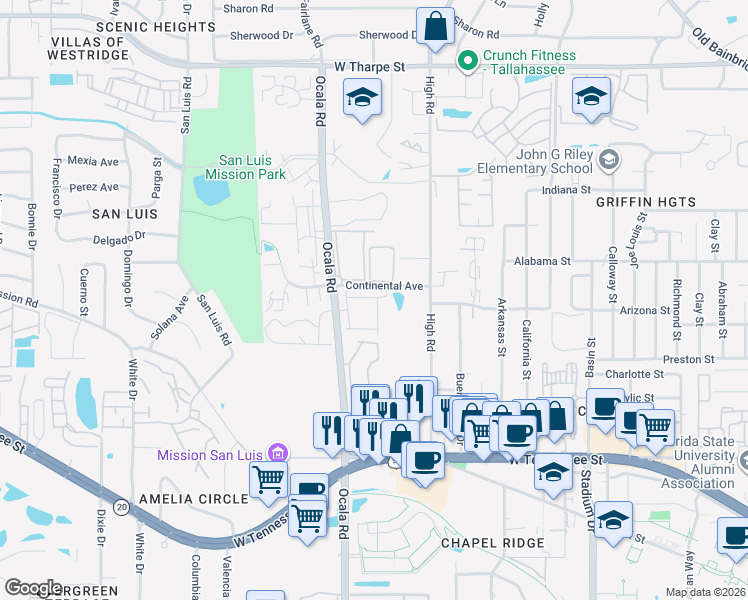 map of restaurants, bars, coffee shops, grocery stores, and more near 2067 Continental Avenue in Tallahassee