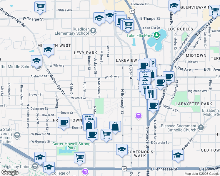 map of restaurants, bars, coffee shops, grocery stores, and more near 410 West 5th Avenue in Tallahassee