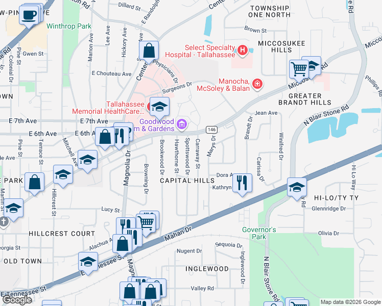map of restaurants, bars, coffee shops, grocery stores, and more near 1131 Carraway Street in Tallahassee