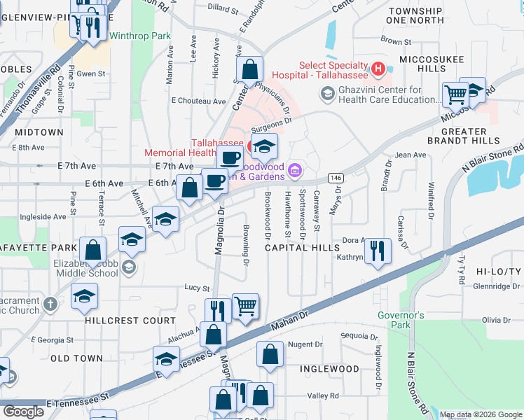 map of restaurants, bars, coffee shops, grocery stores, and more near 1115 Brookwood Drive in Tallahassee