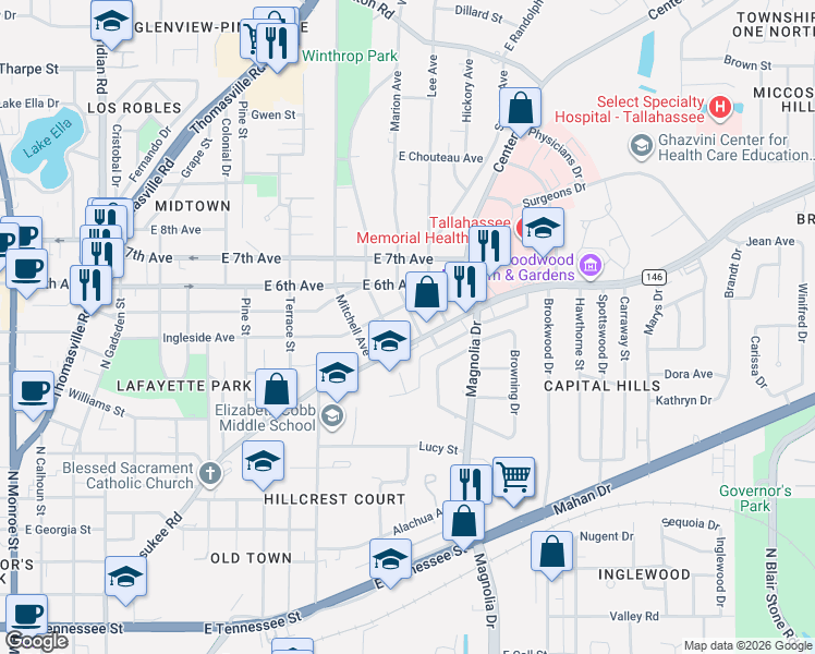 map of restaurants, bars, coffee shops, grocery stores, and more near 1100 Miccosukee Road in Tallahassee