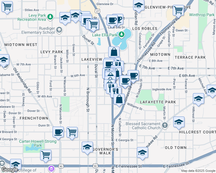 map of restaurants, bars, coffee shops, grocery stores, and more near 1125 North Adams Street in Tallahassee