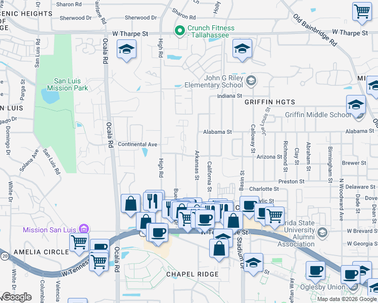 map of restaurants, bars, coffee shops, grocery stores, and more near 939 Arkansas Street in Tallahassee