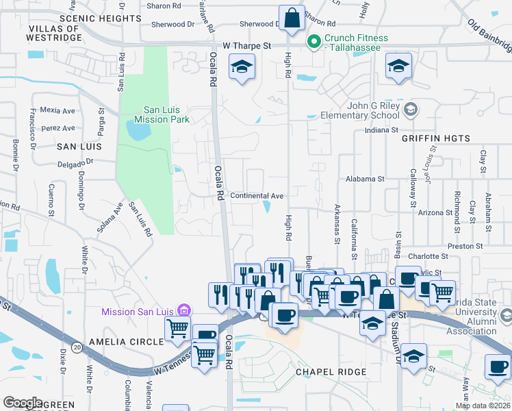 map of restaurants, bars, coffee shops, grocery stores, and more near 2027 Continental Avenue in Tallahassee