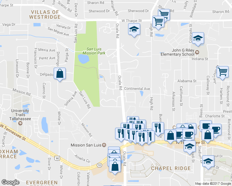 map of restaurants, bars, coffee shops, grocery stores, and more near 1237 Continental Court in Tallahassee