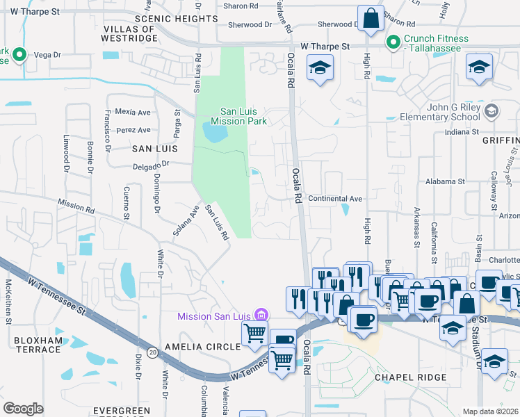 map of restaurants, bars, coffee shops, grocery stores, and more near 1231 Chee Lane in Tallahassee
