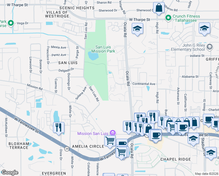map of restaurants, bars, coffee shops, grocery stores, and more near 1206 Hidden Place in Tallahassee