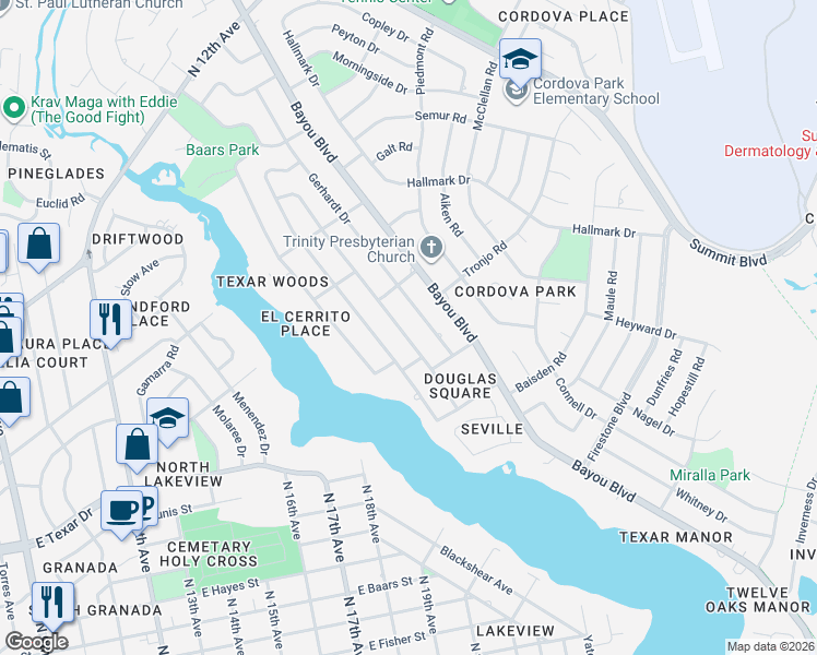 map of restaurants, bars, coffee shops, grocery stores, and more near 3531 Dunwoody Drive in Pensacola