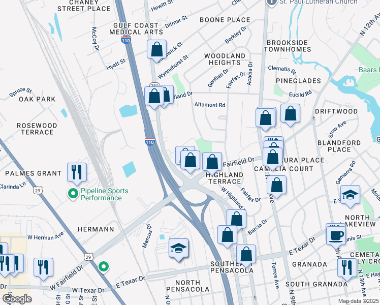 map of restaurants, bars, coffee shops, grocery stores, and more near 500 East Fairfield Drive in Pensacola