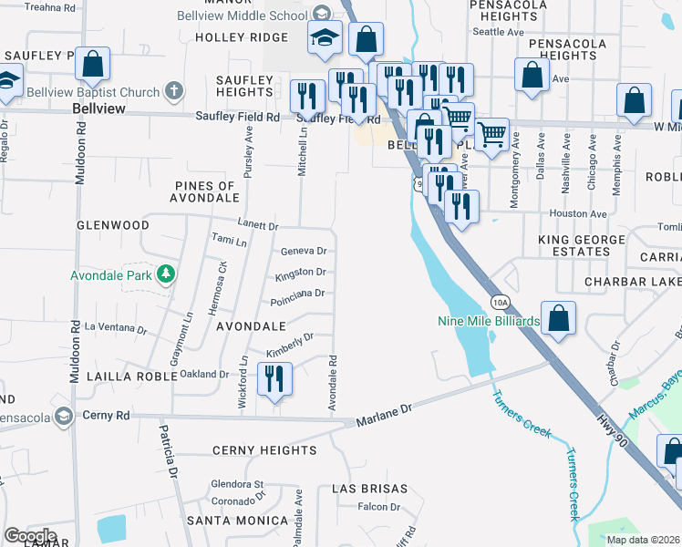 map of restaurants, bars, coffee shops, grocery stores, and more near 5766 Avondale Road in Pensacola