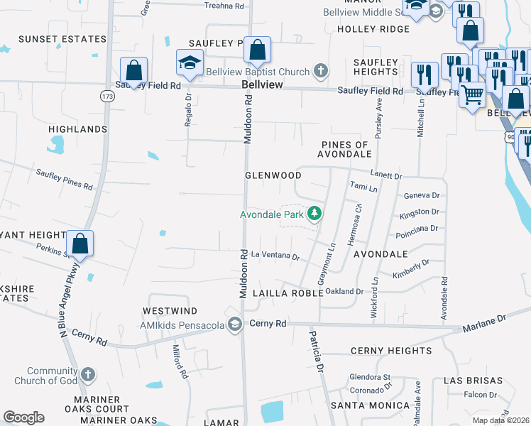 map of restaurants, bars, coffee shops, grocery stores, and more near 5760 Muldoon Road in Pensacola
