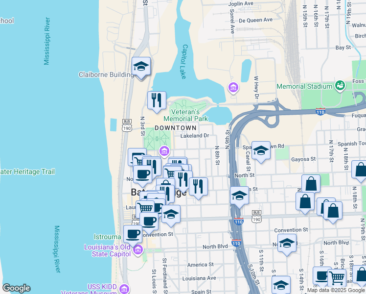 map of restaurants, bars, coffee shops, grocery stores, and more near 536 Spanish Town Road in Baton Rouge