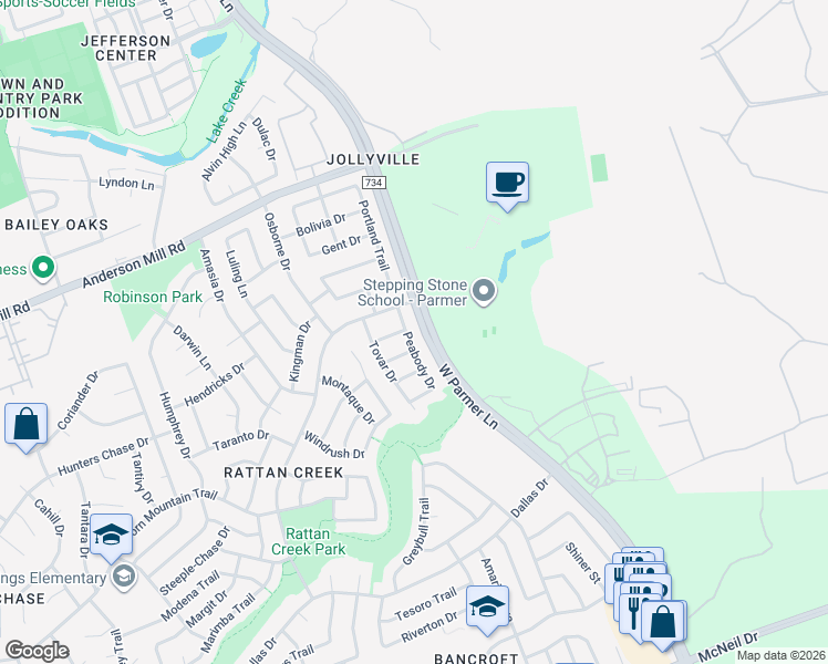 map of restaurants, bars, coffee shops, grocery stores, and more near 13421 Tossa Lane in Austin