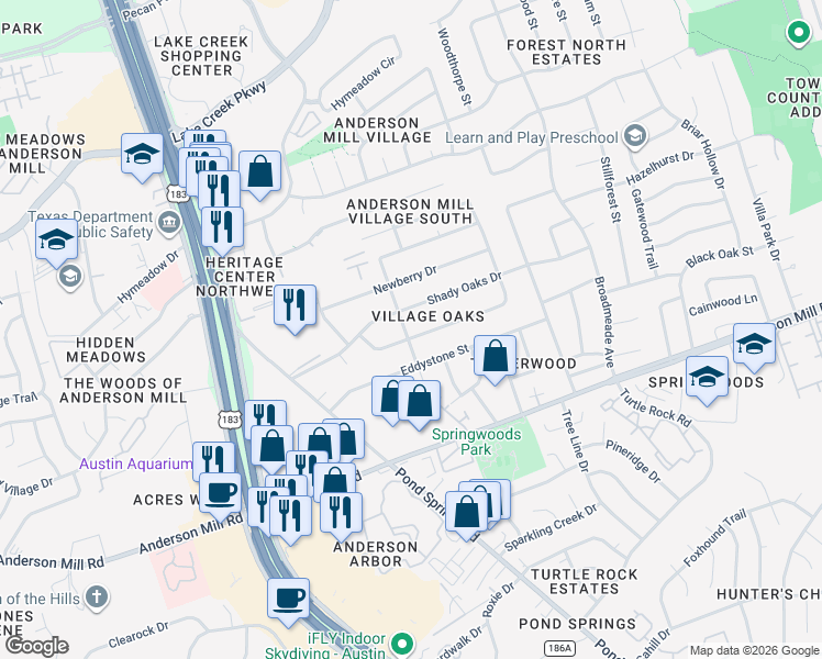 map of restaurants, bars, coffee shops, grocery stores, and more near 9502 Longvale Dr in Austin