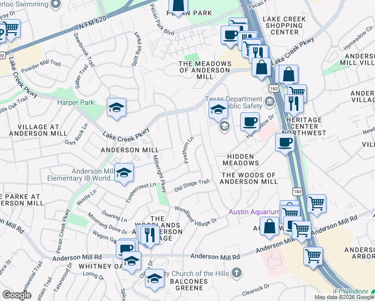 map of restaurants, bars, coffee shops, grocery stores, and more near 10420 Firethorn Lane in Austin