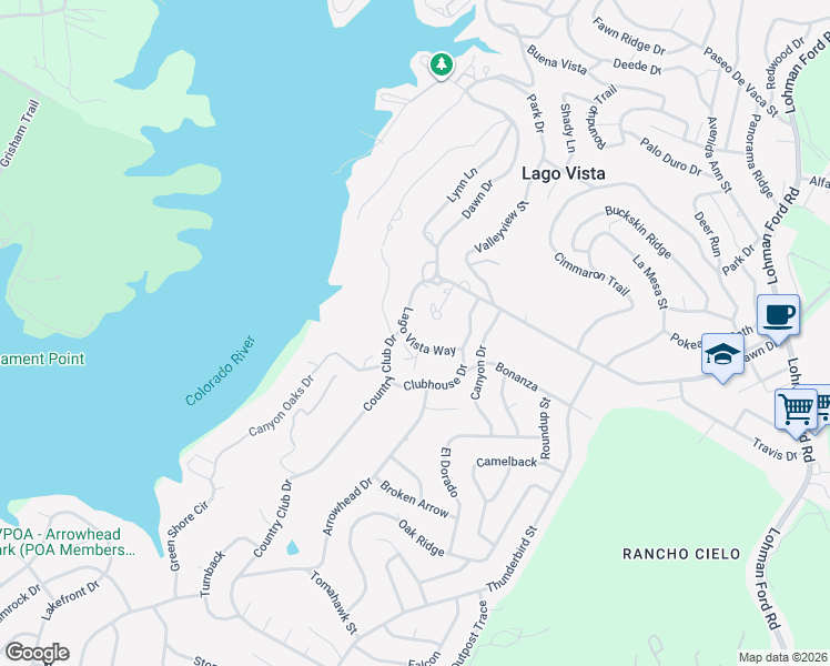 map of restaurants, bars, coffee shops, grocery stores, and more near 5801 Circulo Drive in Lago Vista