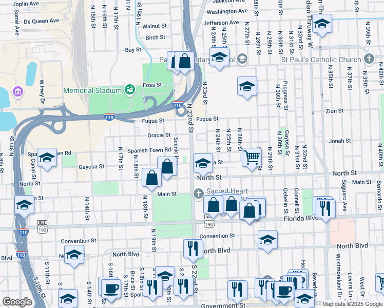 map of restaurants, bars, coffee shops, grocery stores, and more near North 22nd Street in Baton Rouge