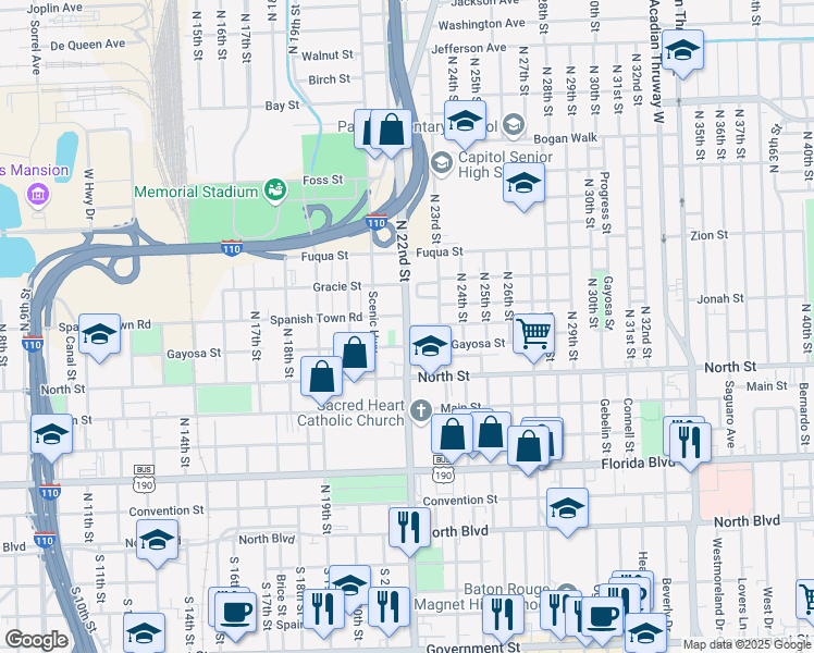 map of restaurants, bars, coffee shops, grocery stores, and more near North 22nd Street in Baton Rouge