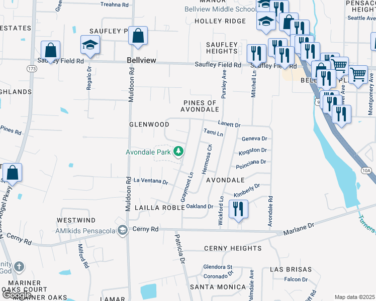 map of restaurants, bars, coffee shops, grocery stores, and more near 5820 Vestavia Lane in Pensacola