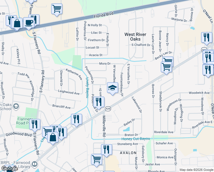 map of restaurants, bars, coffee shops, grocery stores, and more near 821 Birmingham Drive in Baton Rouge