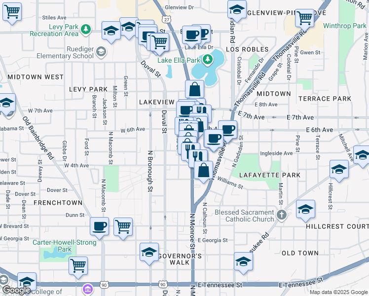 map of restaurants, bars, coffee shops, grocery stores, and more near 114 East 5th Avenue in Tallahassee