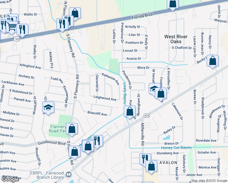 map of restaurants, bars, coffee shops, grocery stores, and more near 534 Oakford Drive in Baton Rouge