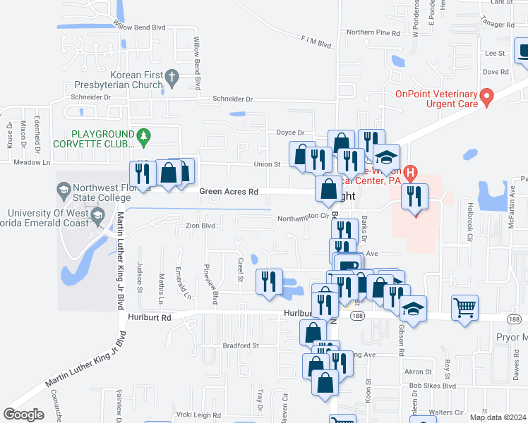 map of restaurants, bars, coffee shops, grocery stores, and more near 305 Northampton Circle in Fort Walton Beach