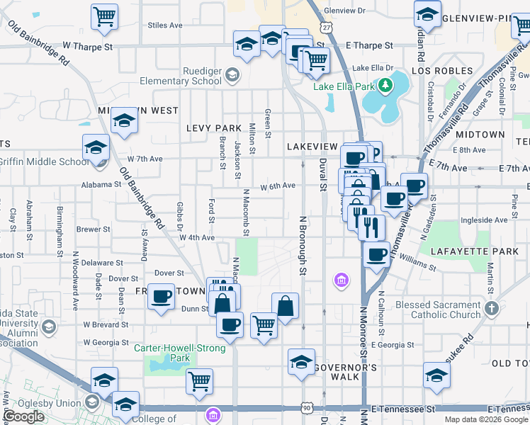 map of restaurants, bars, coffee shops, grocery stores, and more near 422 West 5th Avenue in Tallahassee